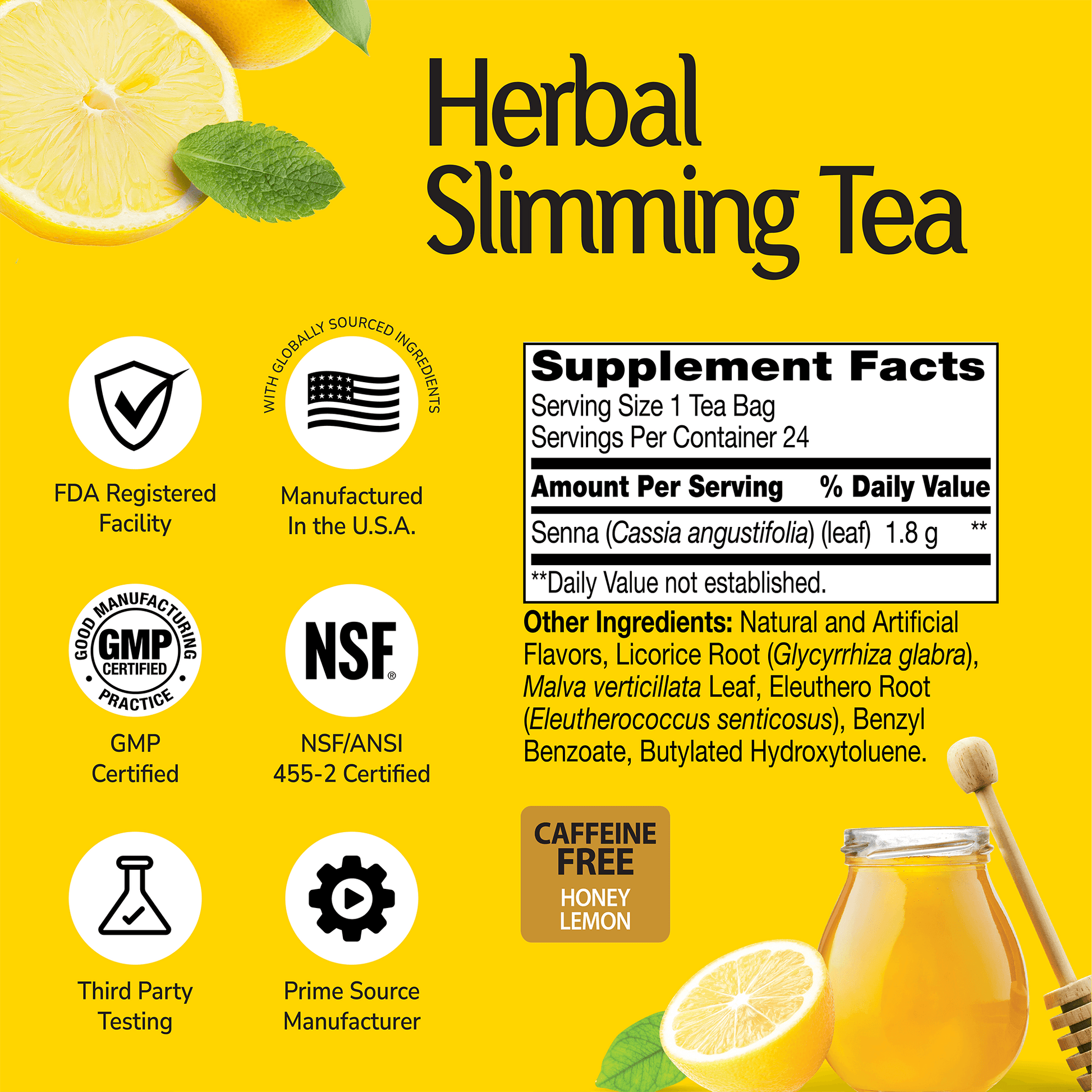 Supplement label for Herbal Slimming Tea honey lemon with ingredient list and serving size on a gold background with quality image icons 