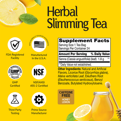 Supplement label for Herbal Slimming Tea honey lemon with ingredient list and serving size on a gold background with quality image icons 
