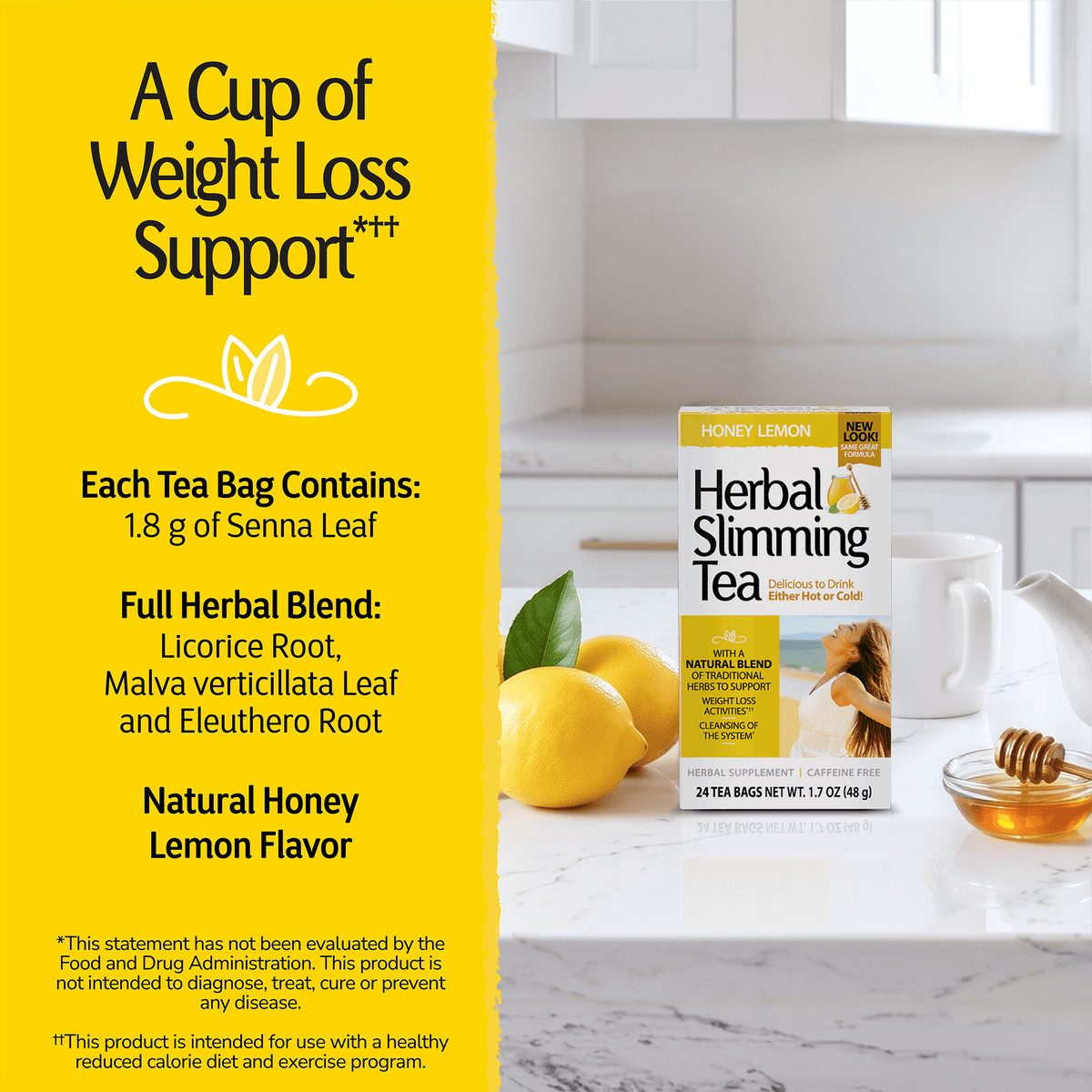 Product box on a kitchen counter top with a product advertisement overlay and product directions
