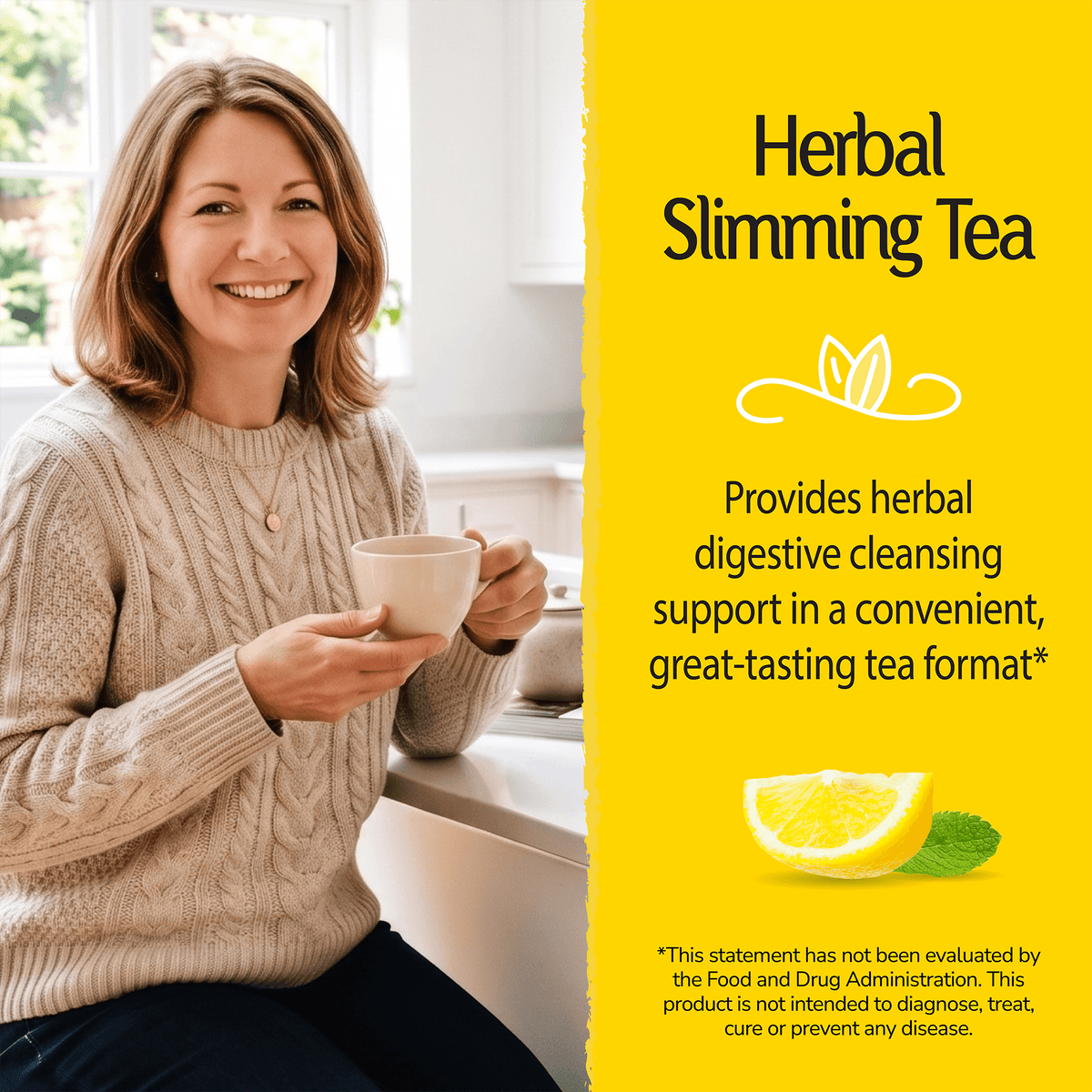Woman holding tea cup with health supplement information overlay
