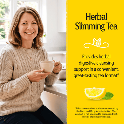 Woman holding tea cup with health supplement information overlay