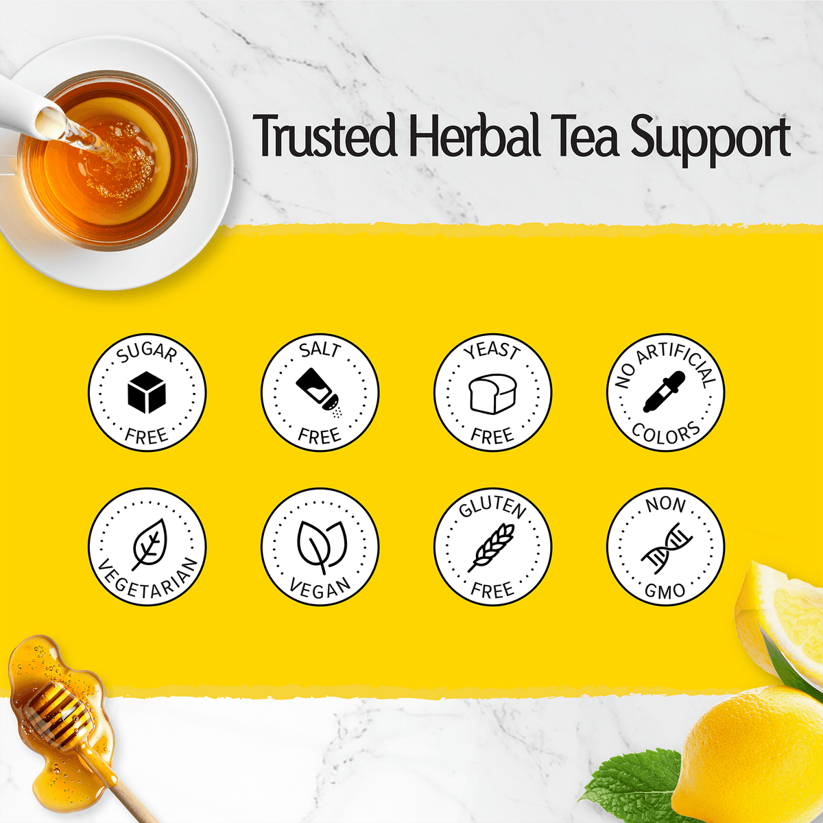 Herbal Slimming Tea branding on a yellow background and No Added info