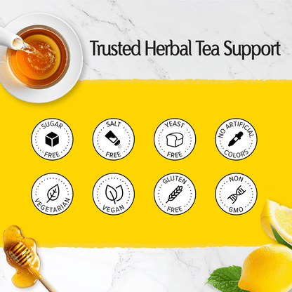 Herbal Slimming Tea branding on a yellow background and No Added info