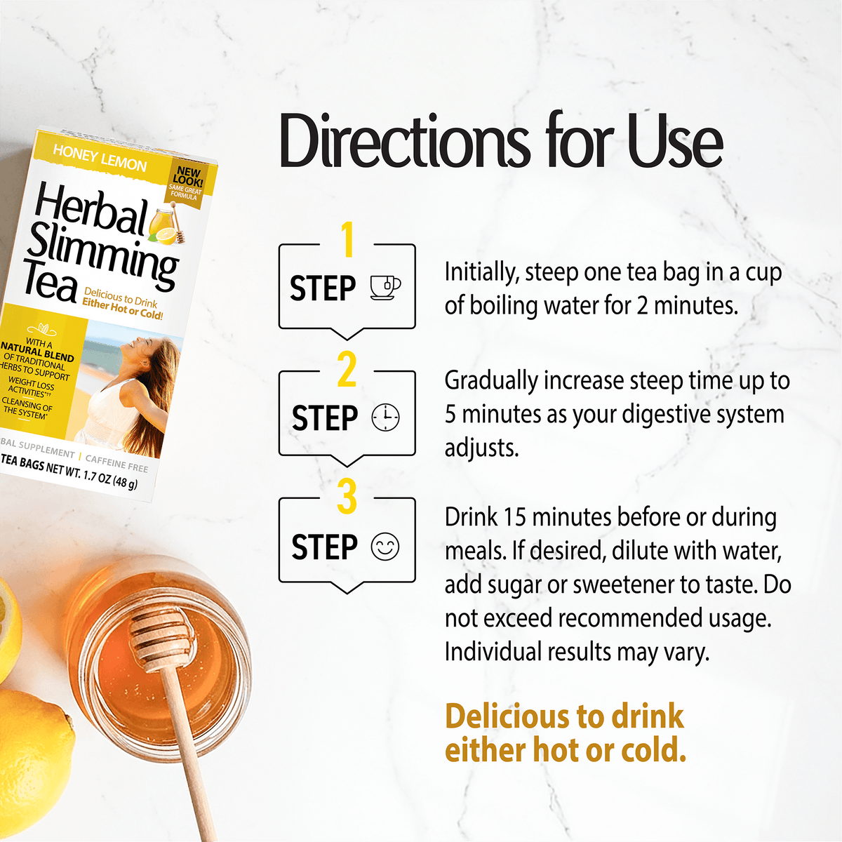 Herbal Slimming Tea with a product advertisement overlay and product directions