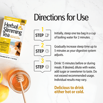 Herbal Slimming Tea with a product advertisement overlay and product directions
