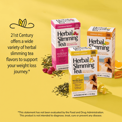Three Herbal Slimming Tea boxes with health supplement information overlay