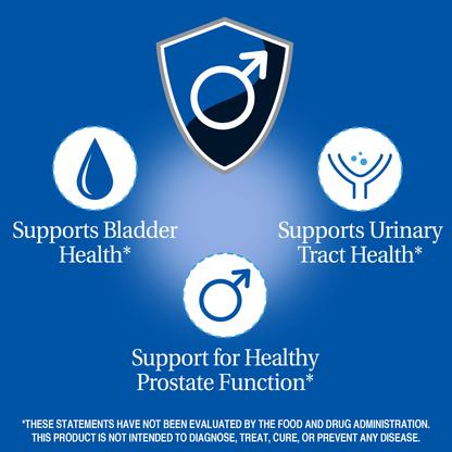 A graphic icon with the words support bladder health, support urinary tract health and support for health prostate function.