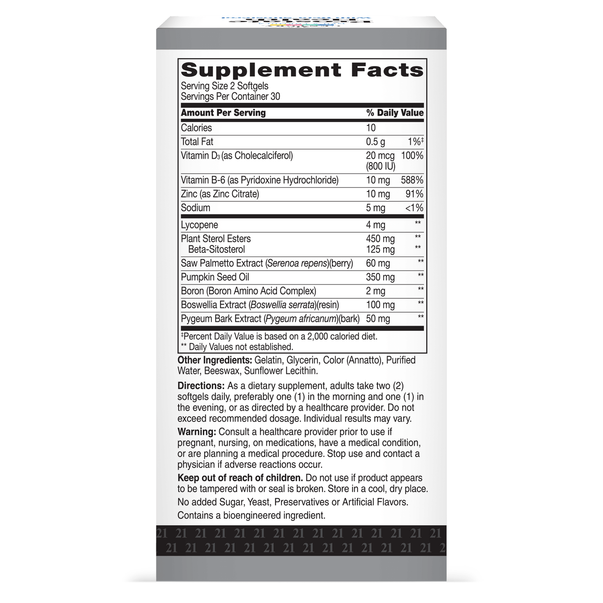 Back side box view of 21st Century Prostate Health with Beta-Sitosterol 125 mg per serving softgels.