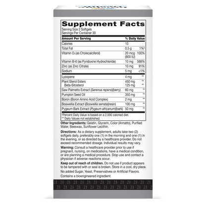Back side box view of 21st Century Prostate Health with Beta-Sitosterol 125 mg per serving softgels.