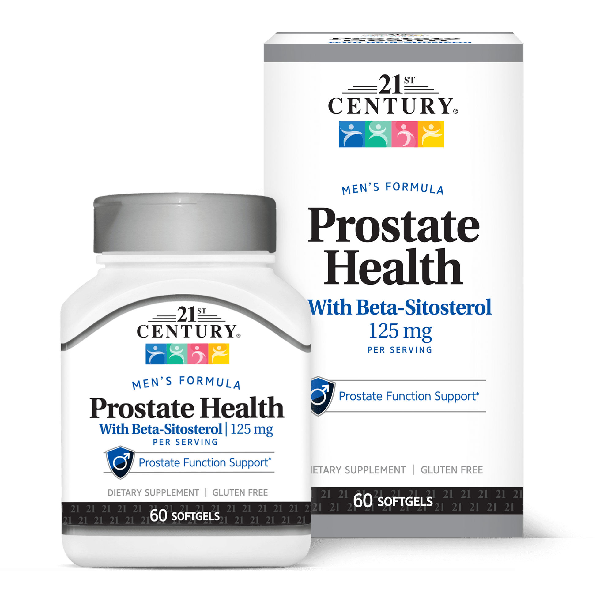A box and bottle of 21st Century Prostate Health with Beta-Sitosterol 125 mg per serving softgels.