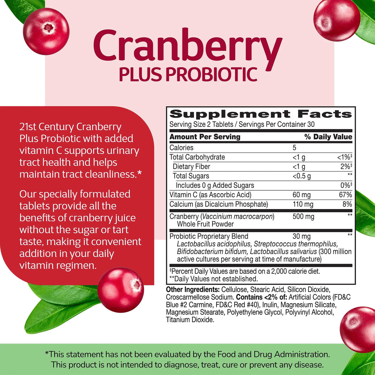 Supplement label for Cranberry plus Probiotic with ingredient list and serving size 