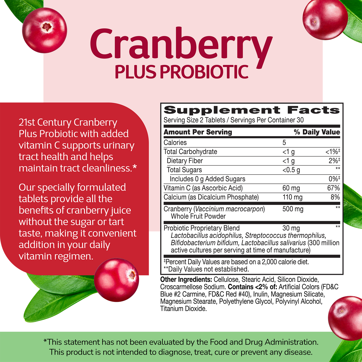 Supplement label for Cranberry Plus Probiotic with ingredient list and serving size on a red, pink, green and white background