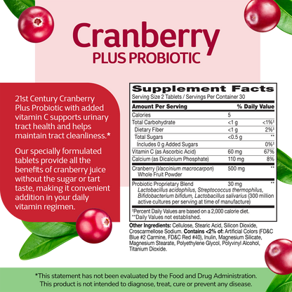 Supplement label for Cranberry Plus Probiotic with ingredient list and serving size on a red, pink, green and white background