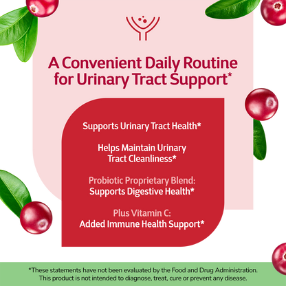 Cranberry Plus Probiotic with text about product benefits on a red, pink, green and white background