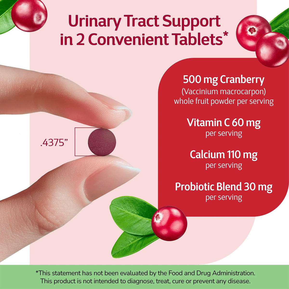 Hand holding a Cranberry plus Probiotic supplement with text about product benefits on a pink and white background