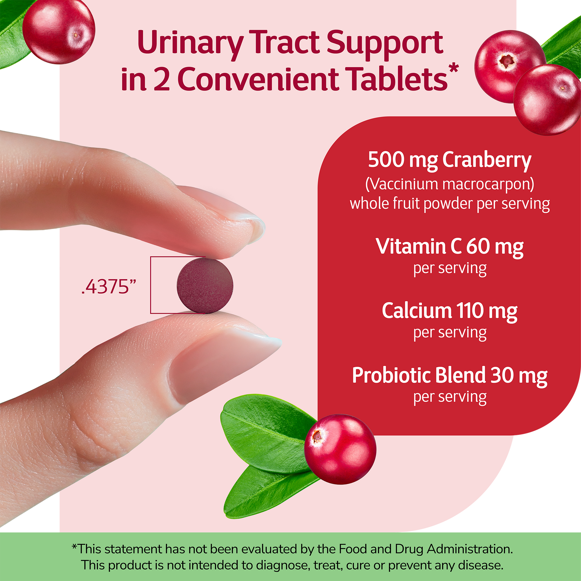 Hand holding a Cranberry Plus Probiotic with text about product benefits on a red, pink, green and white background
