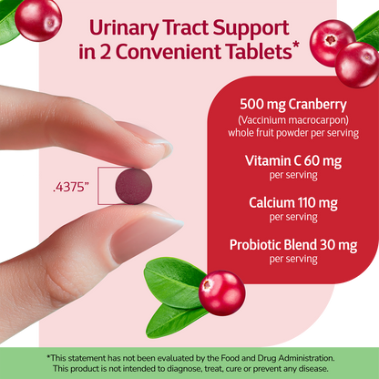 Hand holding a Cranberry Plus Probiotic with text about product benefits on a red, pink, green and white background