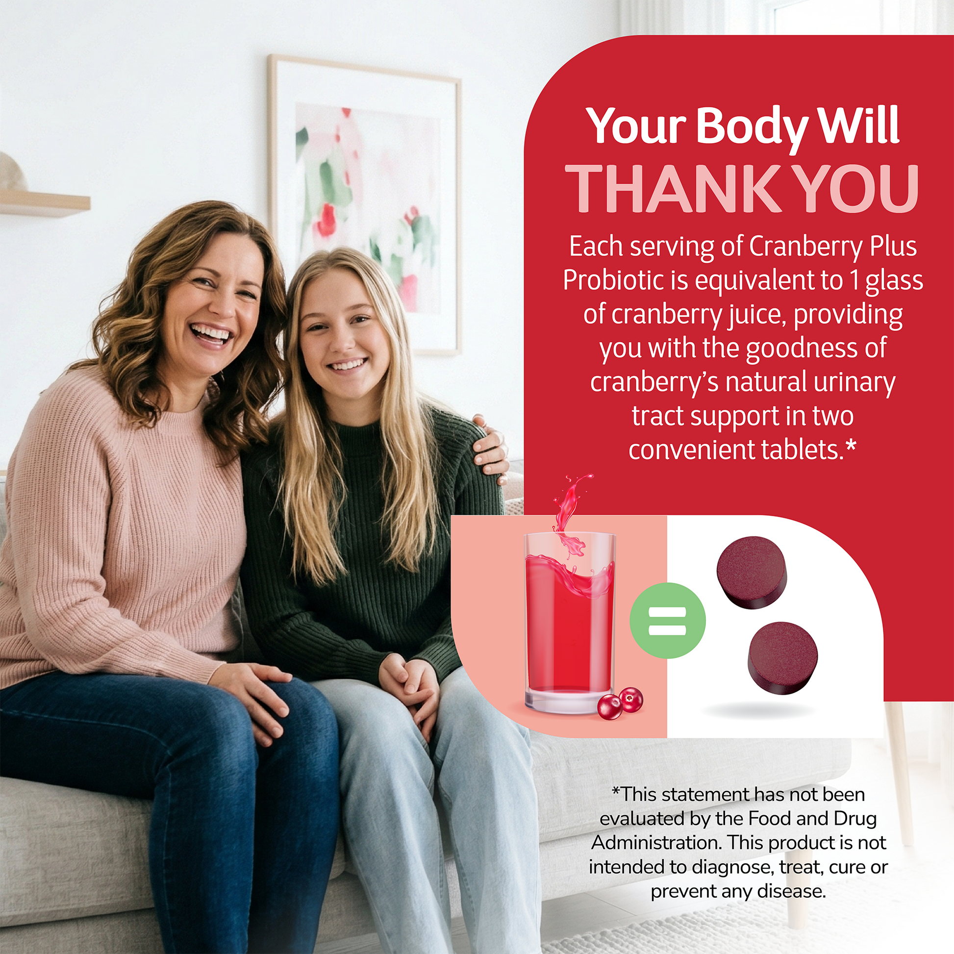Mom and daughter with health supplement information overlay