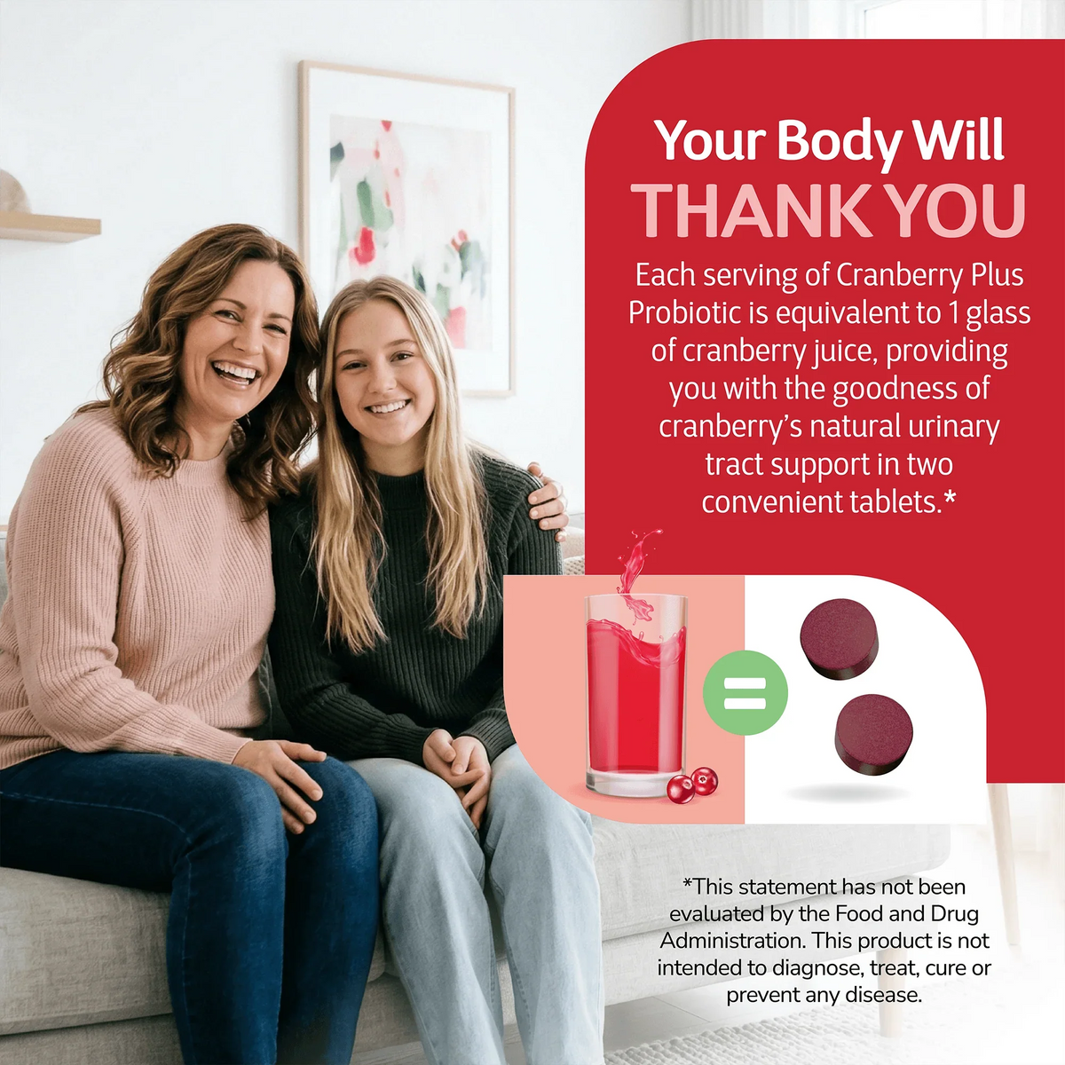 Mom and daughter sitting on a sofa with health supplement information overlay