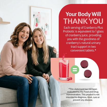Mom and daughter sitting on a sofa with health supplement information overlay
