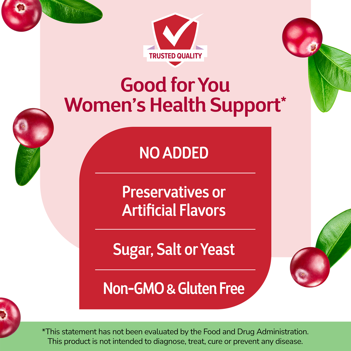 Floating cranberries with 'Good For You' branding on a red, pink, green and white background