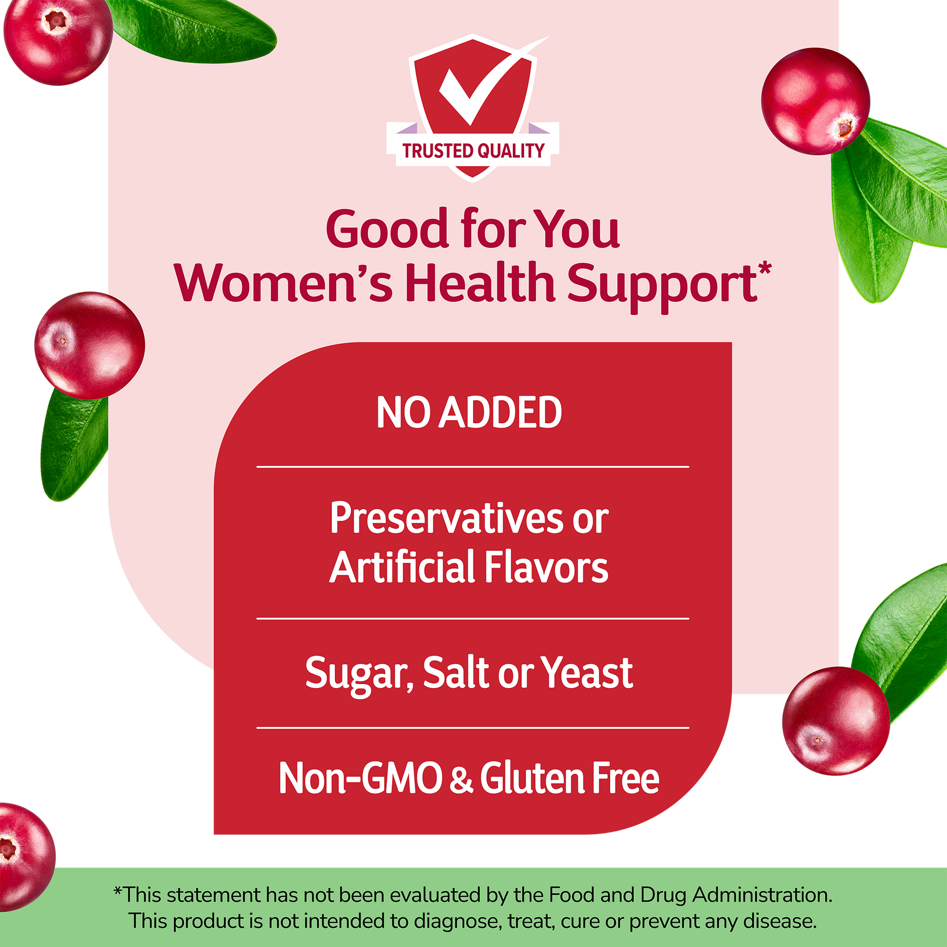 Floating cranberries with 'Good For You' branding on a red, pink, green and white background