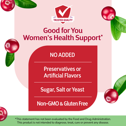 Floating cranberries with 'Good For You' branding on a red, pink, green and white background