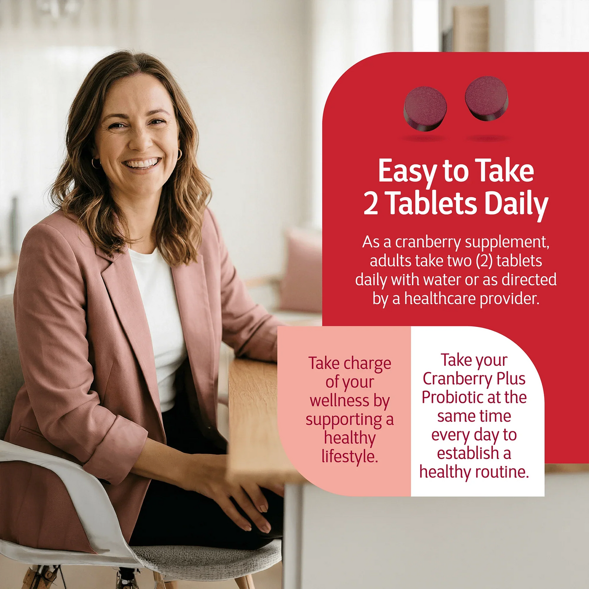 Happy woman smiling indoors with a product advertisement overlay and product directions