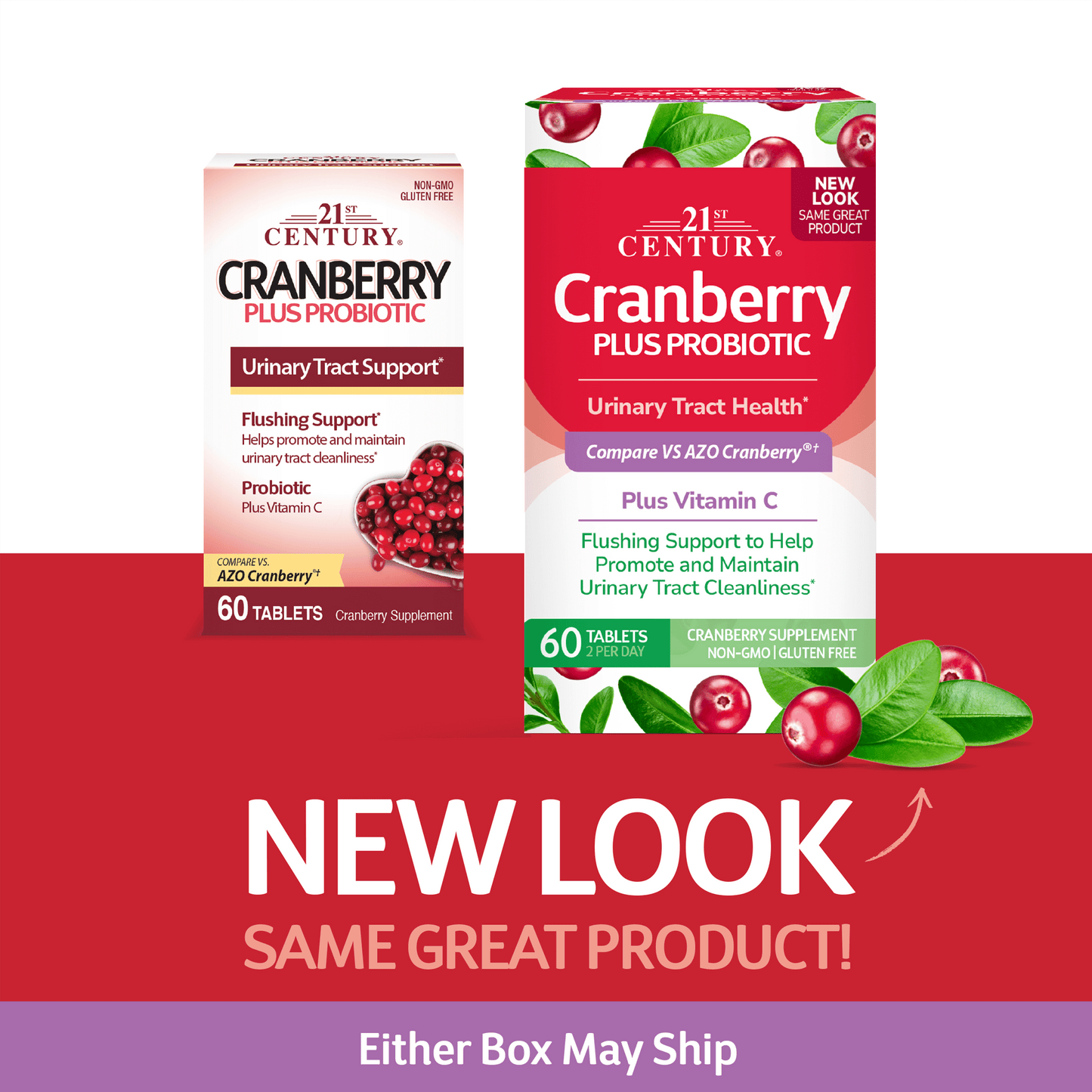 A box of 21st Century Cranberry Plus Probiotic tablets in the new look next to the old look with the words new look, same great product.