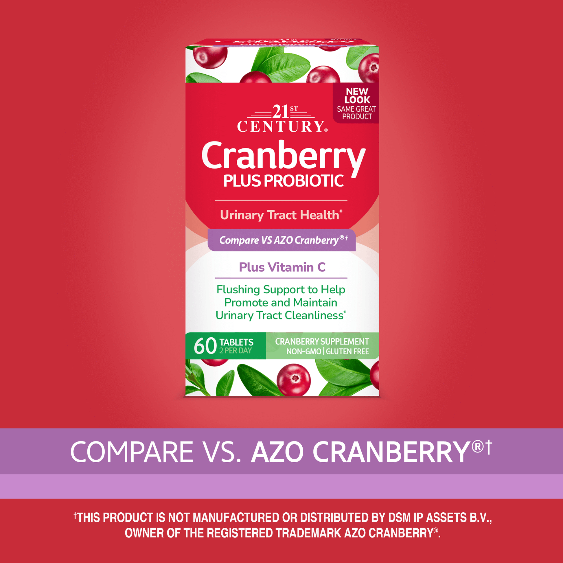 A box of 21st Century Cranberry Plus Probiotic tablets with the words compare vs azo cranberry.