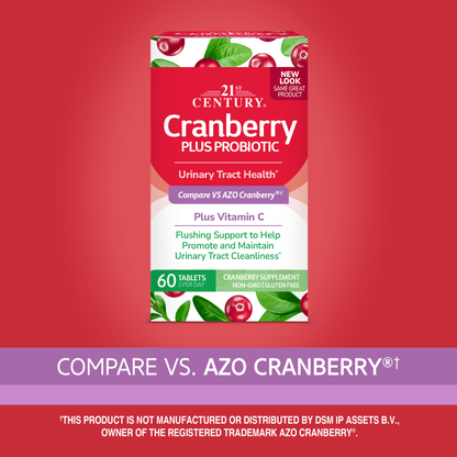 A box of 21st Century Cranberry Plus Probiotic tablets with the words compare vs azo cranberry.