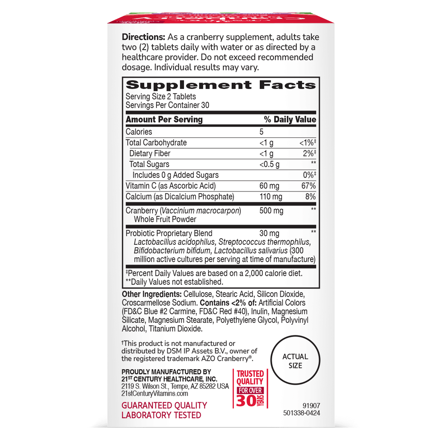 Back side box view of 21st Century Cranberry Plus Probiotic tablets.