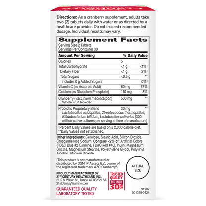 Back side box view of 21st Century Cranberry Plus Probiotic tablets.