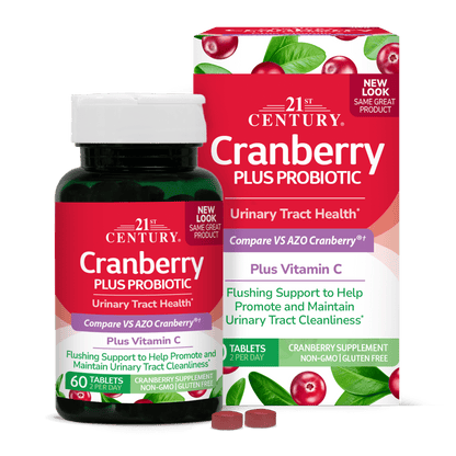 A box and bottle of 21st Century Cranberry Plus Probiotic tablets.