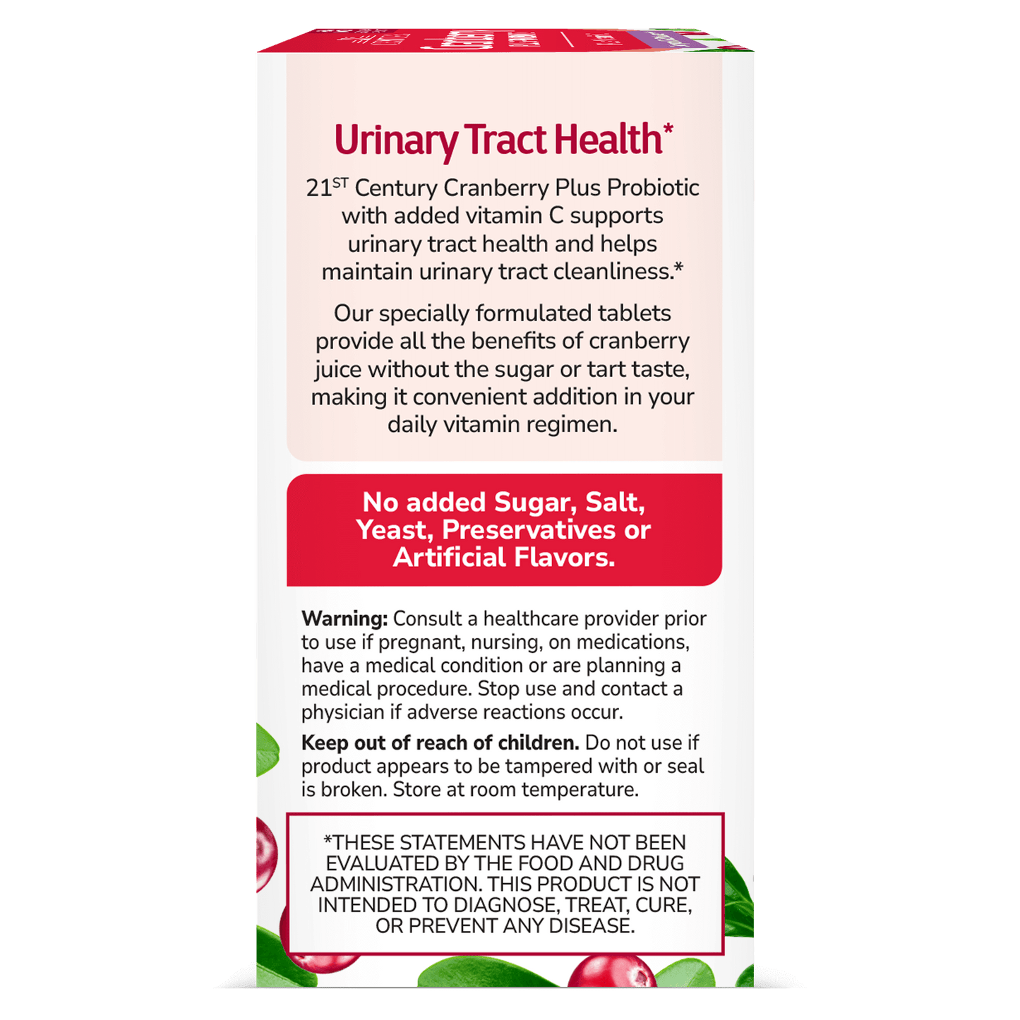 Left side box view of 21st Century Cranberry Plus Probiotic tablets.