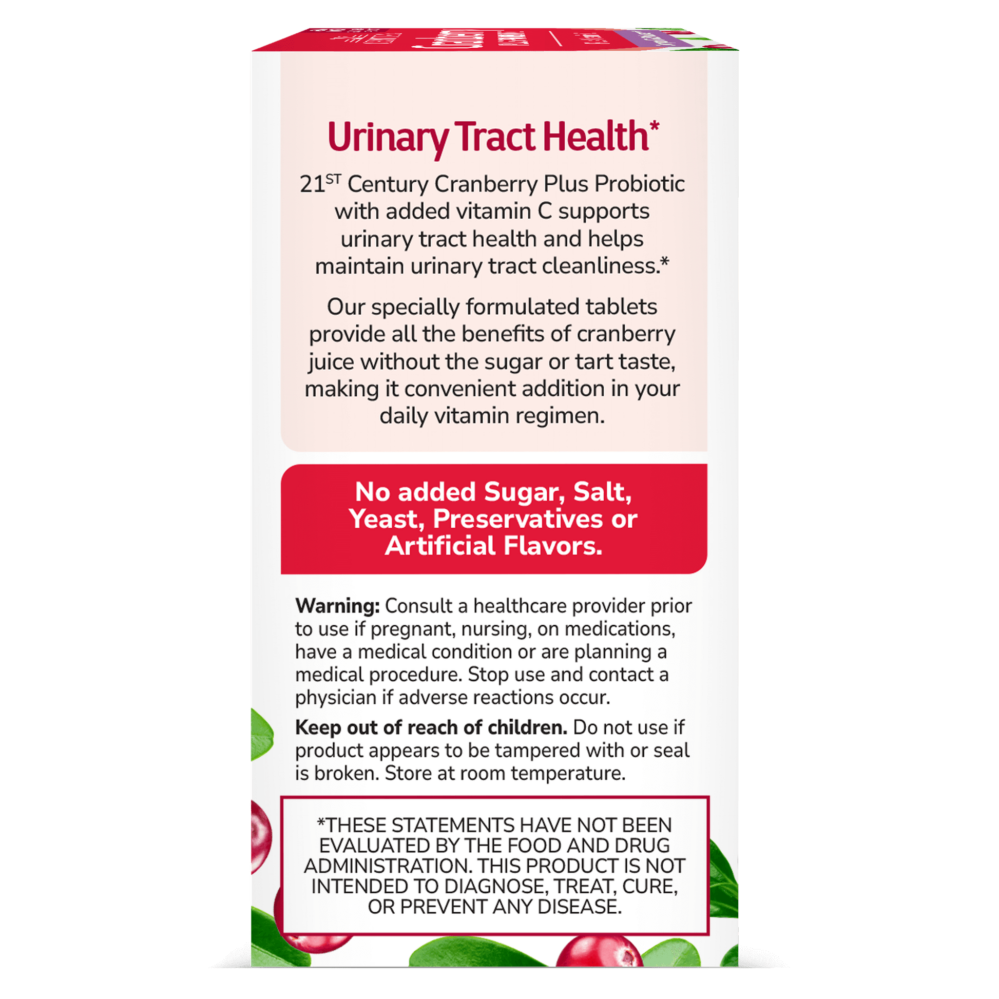 Left side box view of 21st Century Cranberry Plus Probiotic tablets.