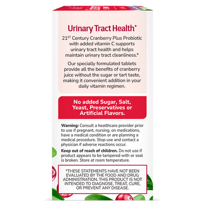 Left side box view of 21st Century Cranberry Plus Probiotic tablets.