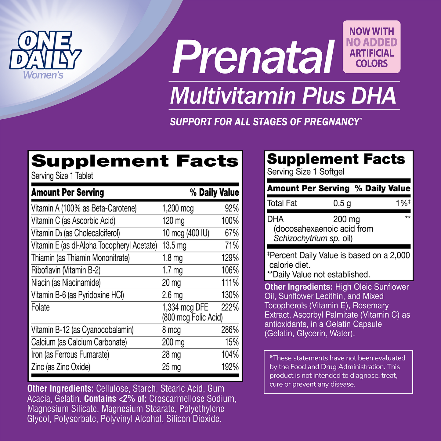 Supplement labels for Prenatal with ingredient lists and serving sizes on a purple background