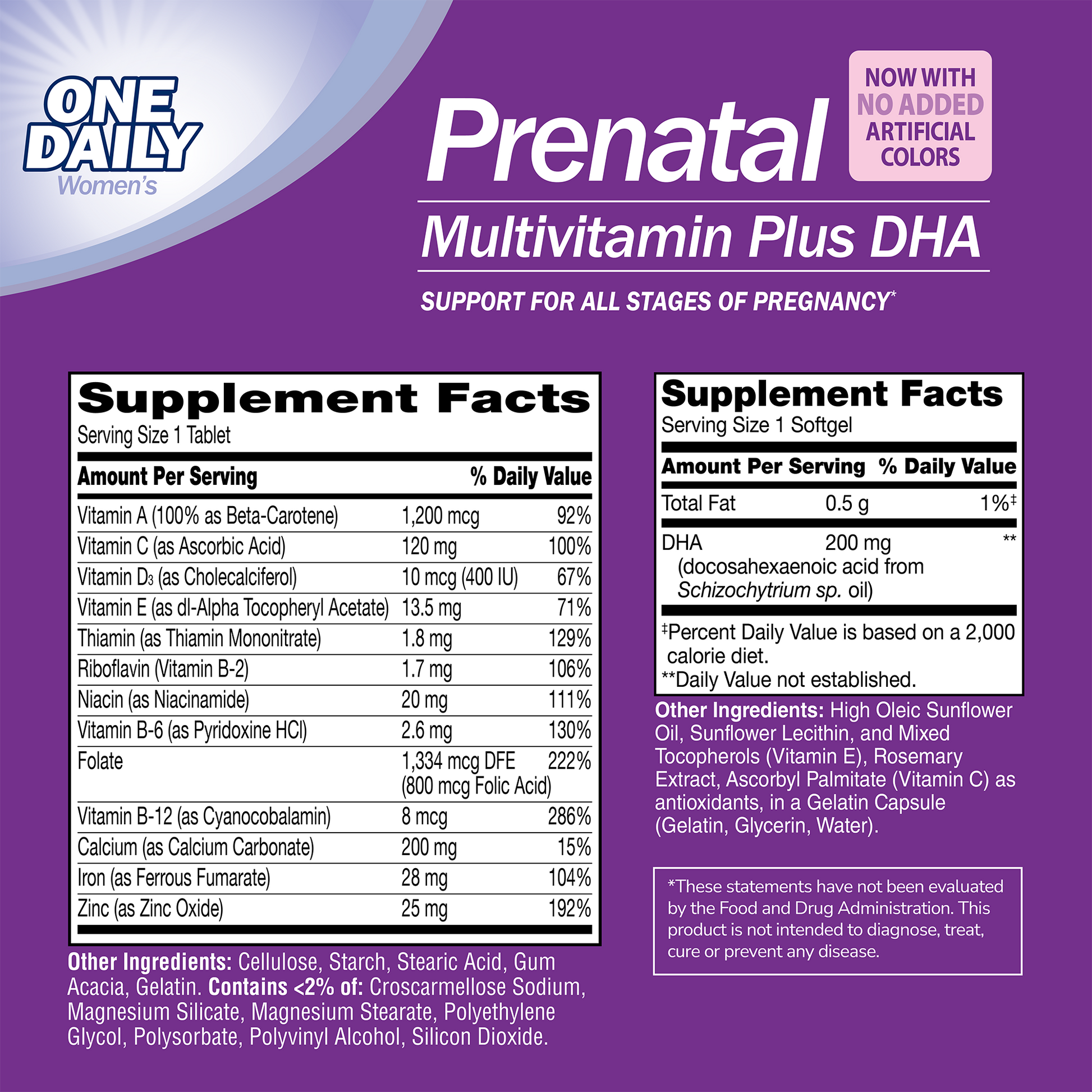 Supplement labels for Prenatal with ingredient lists and serving sizes on a purple background