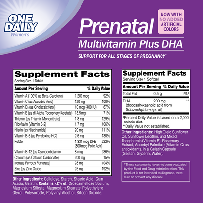 Supplement labels for Prenatal with ingredient lists and serving sizes on a purple background