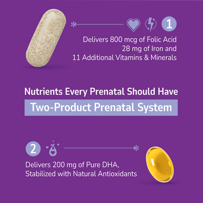 Prenatal tablet and softgel supplements with text about product benefits on a purple background