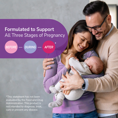 Couple holding their baby with health supplement information overlay
