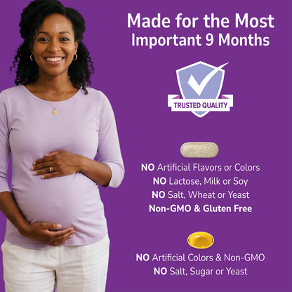Woman holding her belly with 'Made For The Most' branding on a purple background