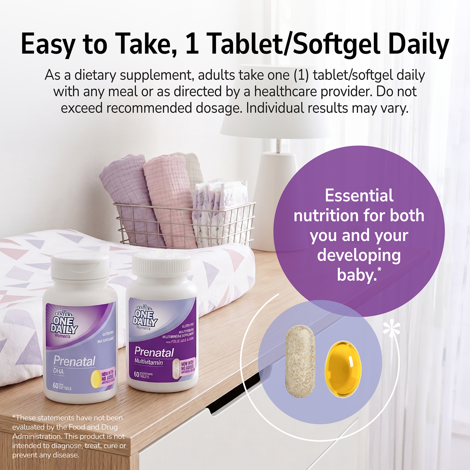 Prenatal bottles in a nursery with a product advertisement overlay and product directions