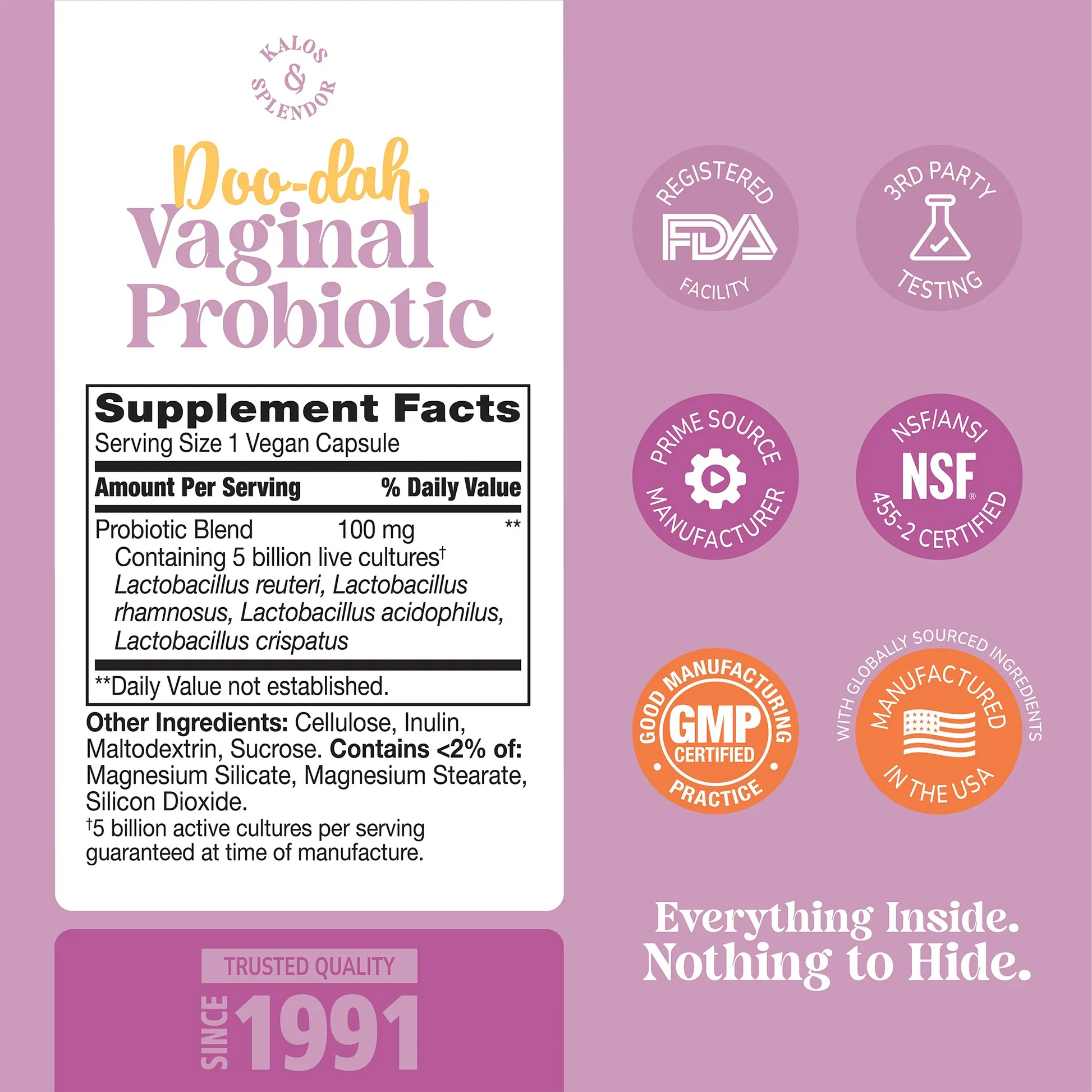Supplement label for Kalos & Splendor Doo-Dah Vaginal Probiotic with ingredient list and serving size on a pink background with quality image icons 