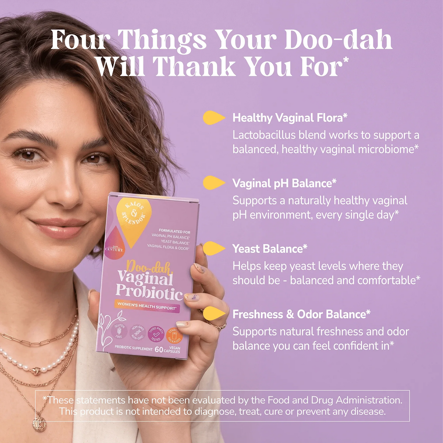 Woman holding a Kalos & Splendor D00-Dah Vaginal Probiotic supplement box with text about product benefits on a pink background