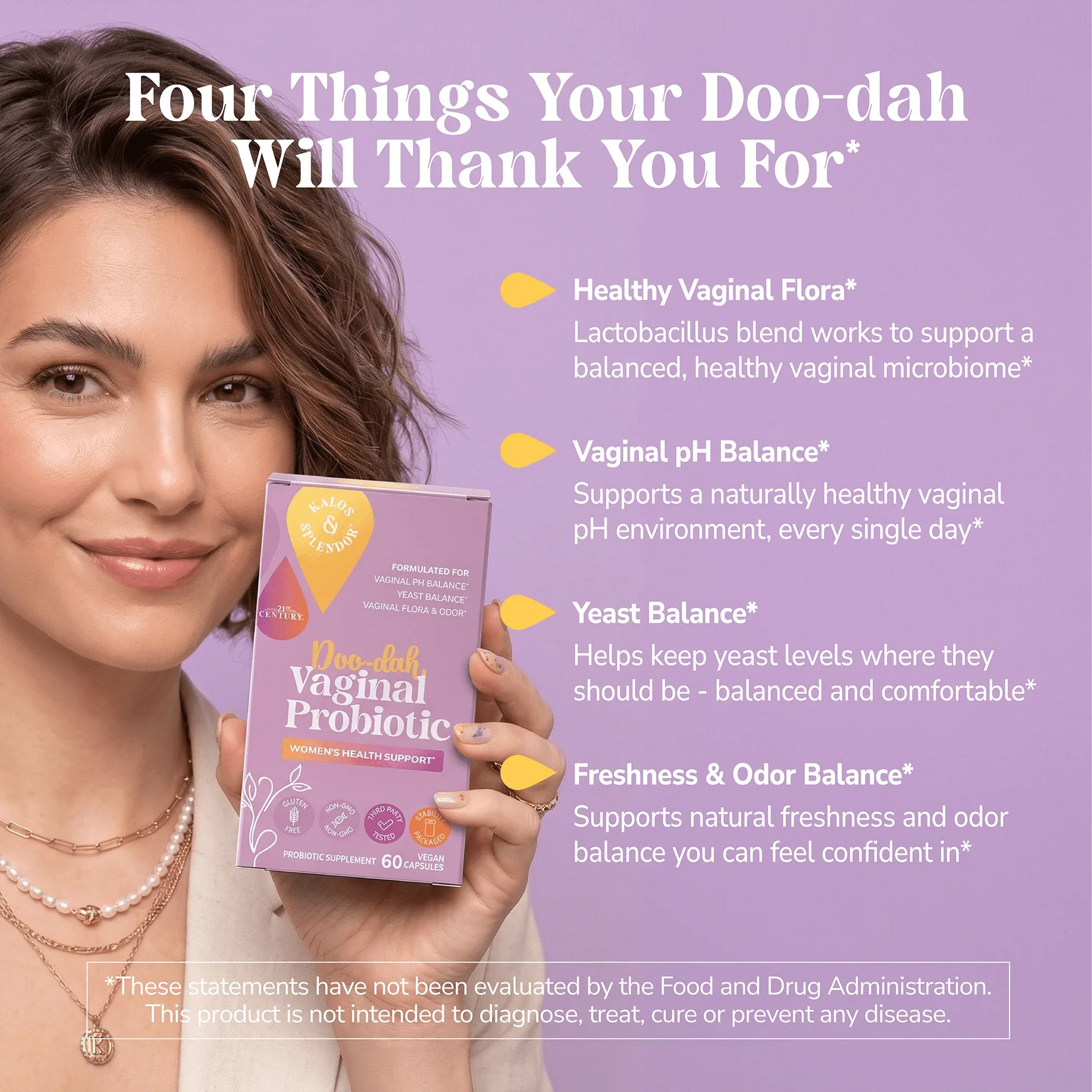 Woman holding a Kalos & Splendor D00-Dah Vaginal Probiotic supplement box with text about product benefits on a pink background