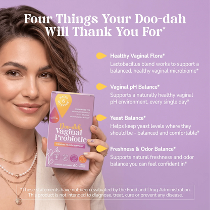 Woman holding a Kalos & Splendor D00-Dah Vaginal Probiotic supplement box with text about product benefits on a pink background