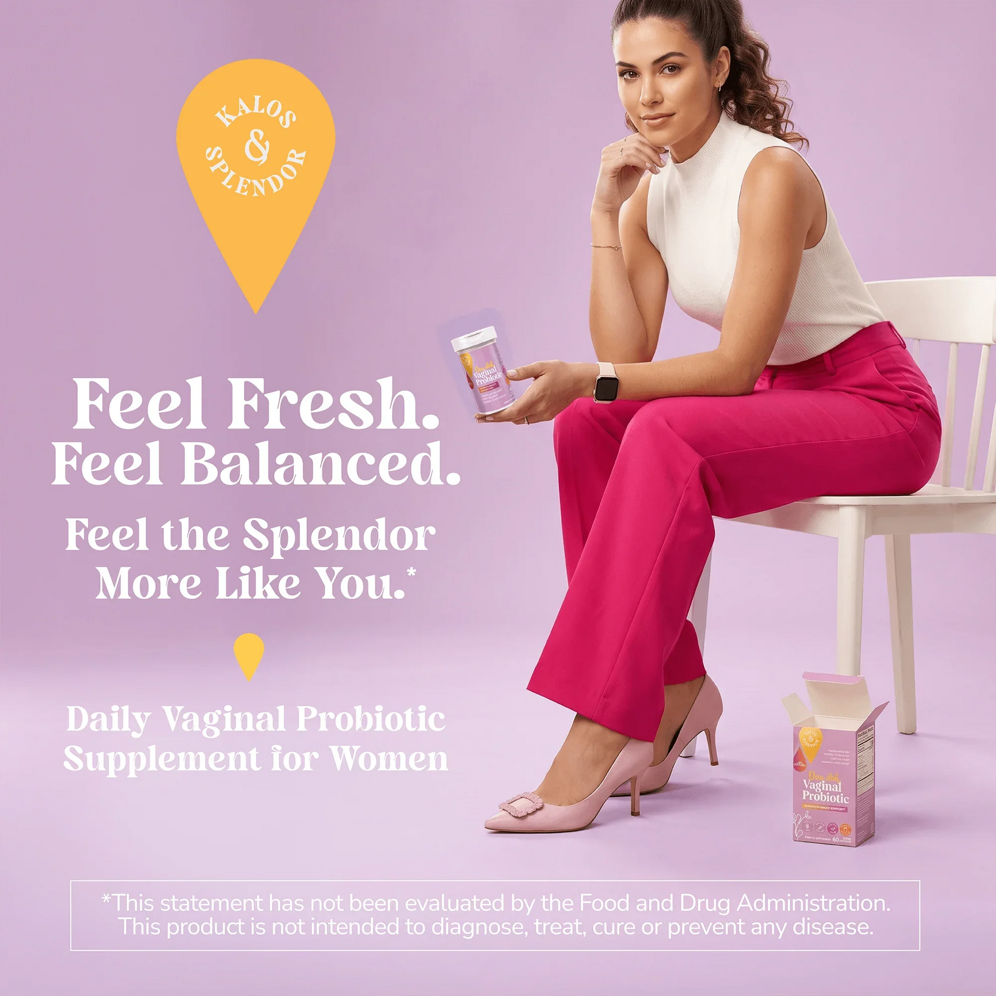 Woman sitting on a chair with health supplement information overlay