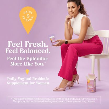Woman sitting on a chair with health supplement information overlay